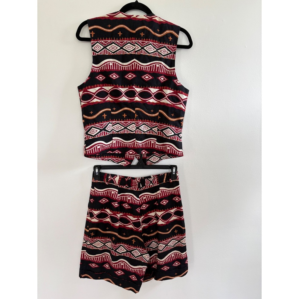 Vintage Rafaella Linen Cotton Tribal Print Vest‎ and Shorts Set Black Burgundy S